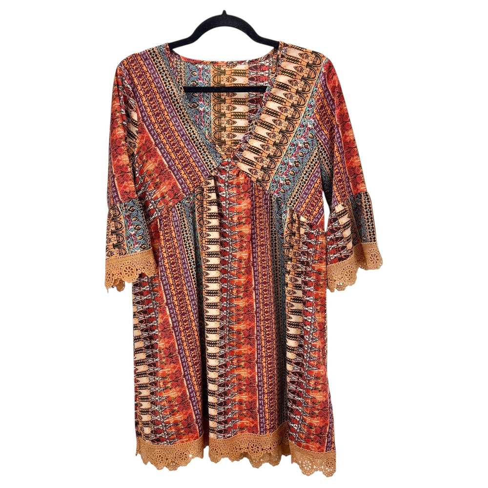 Shein Bohemian Dress Orange Multicolor Lace Trim Bell Sleeve Womens Small V Neck